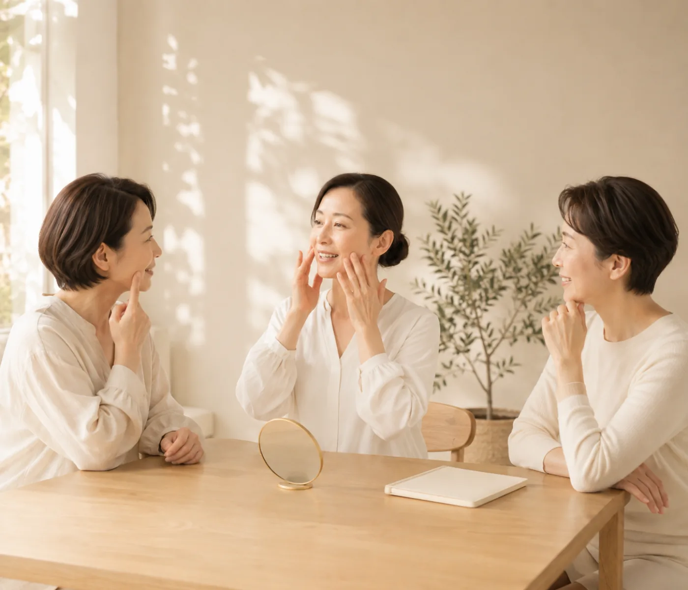 明るい室内で顔ヨガを学ぶ女性たち